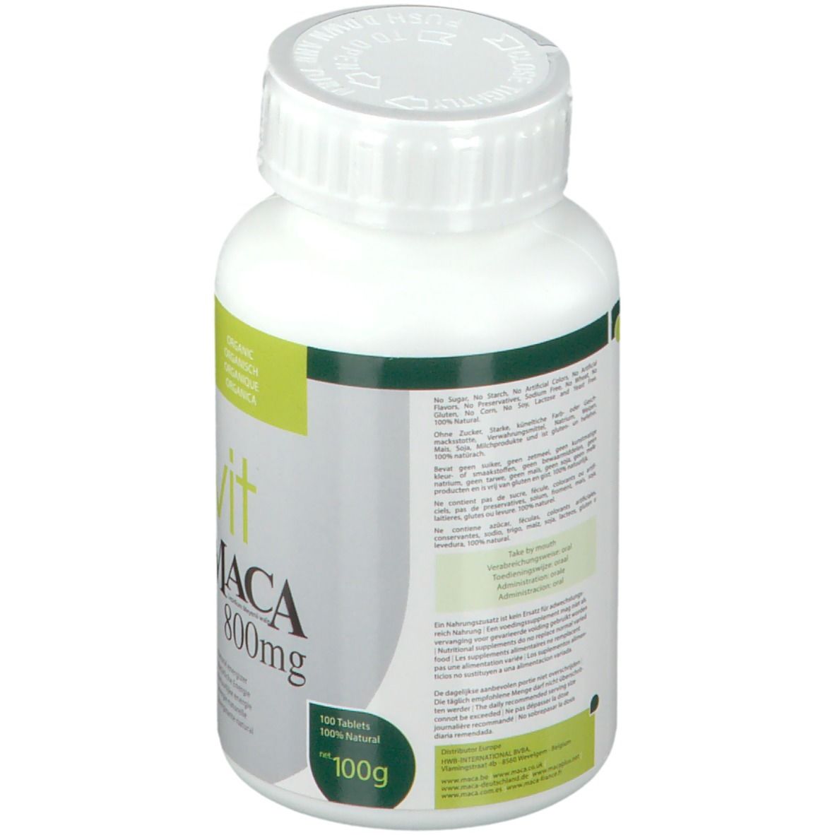 Witte fles met groen etiket. Achterkant met tekst. Opschrift: 100 tabletten, 100g, 100% natuurlijk. Dop met opschrift.