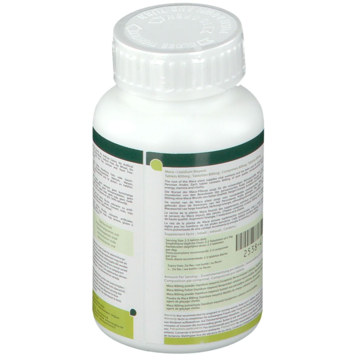 Witte fles met groen etiket. Achterkant met tekst. Streepjescode en batchnummer. Dop met opschrift.