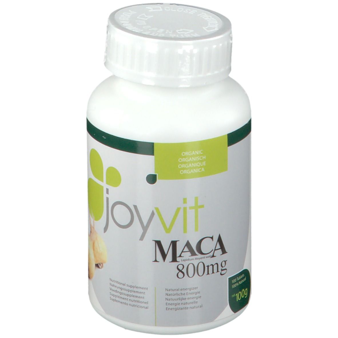 Witte fles met groen etiket. Opschrift: joyvit Maca 800mg. Illustratie van maca-wortels. Dop met opschrift.