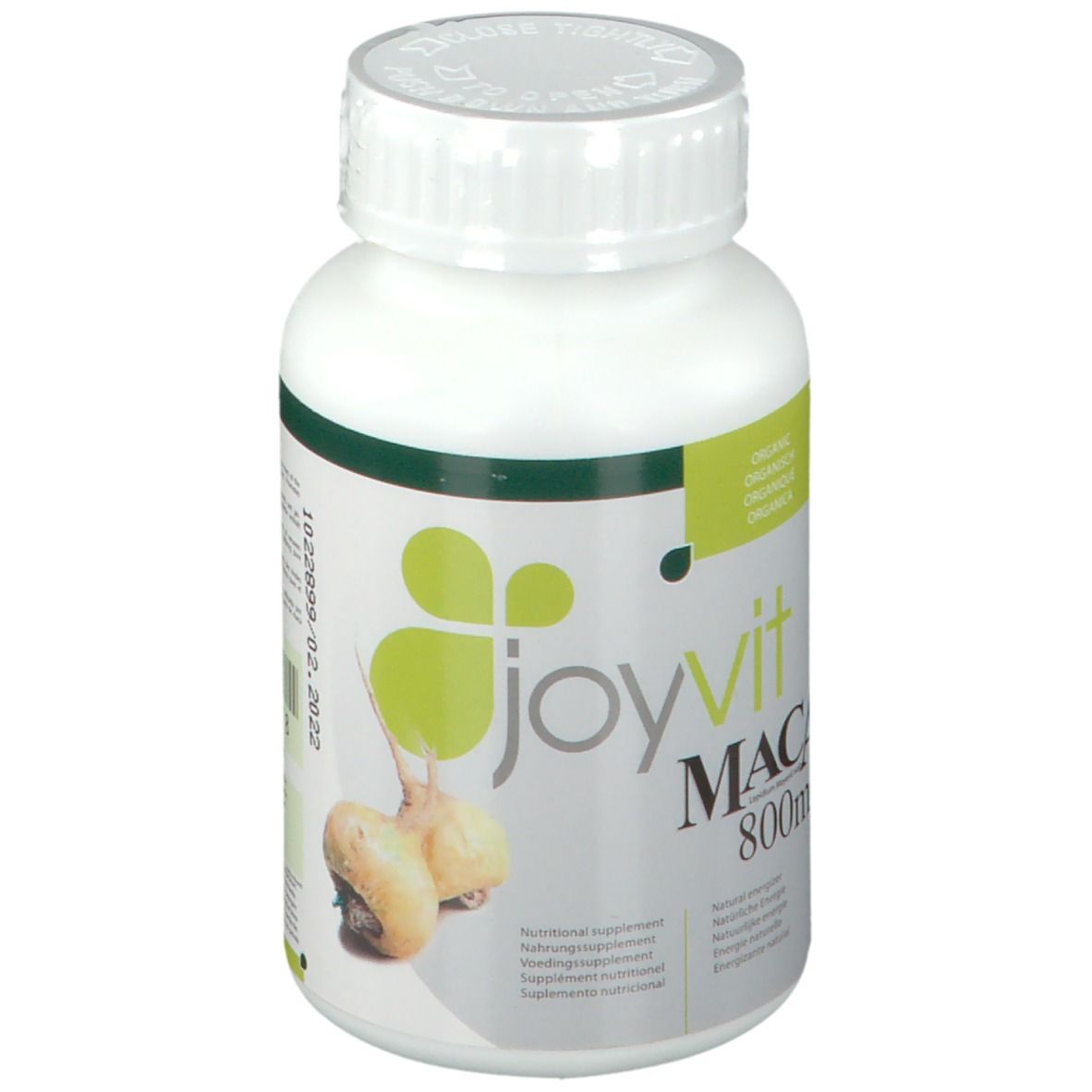 Witte fles met groen etiket. Opschrift: joyvit Maca 800mg. Illustratie van maca-wortels. Houdbaarheidsdatum. Dop met opschrift.