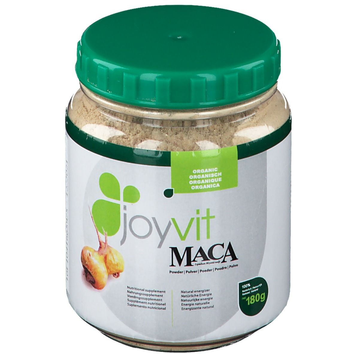 Glas mit Joyvit Maca-Pulver. Grüner Deckel, weißes Etikett mit Logo und Produktinformationen. 180g.