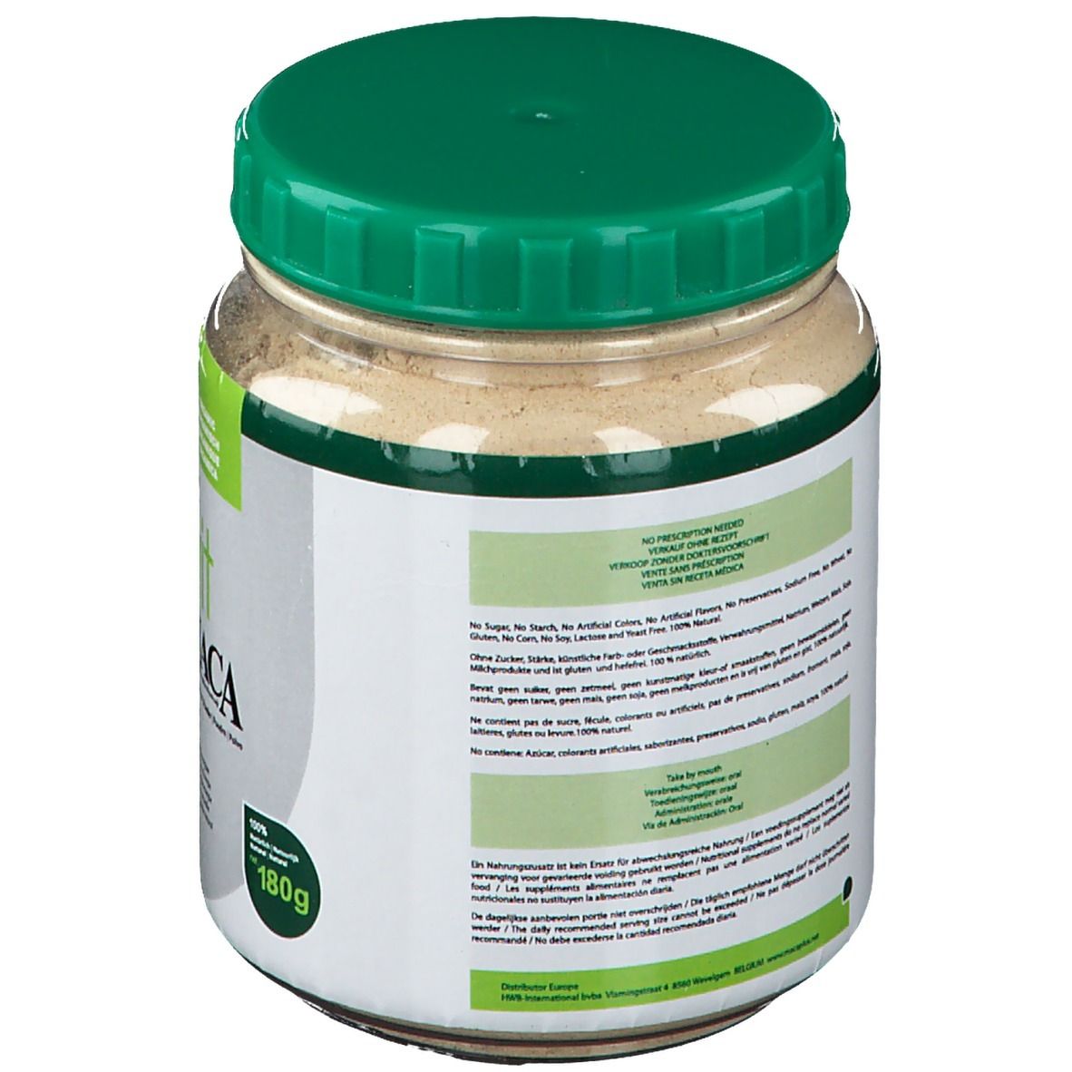 Rückseite des Joyvit Maca-Pulver-Glases. Grüner Deckel, weißes Etikett mit Text. Keine Konservierungsstoffe, ohne Zucker, etc.
