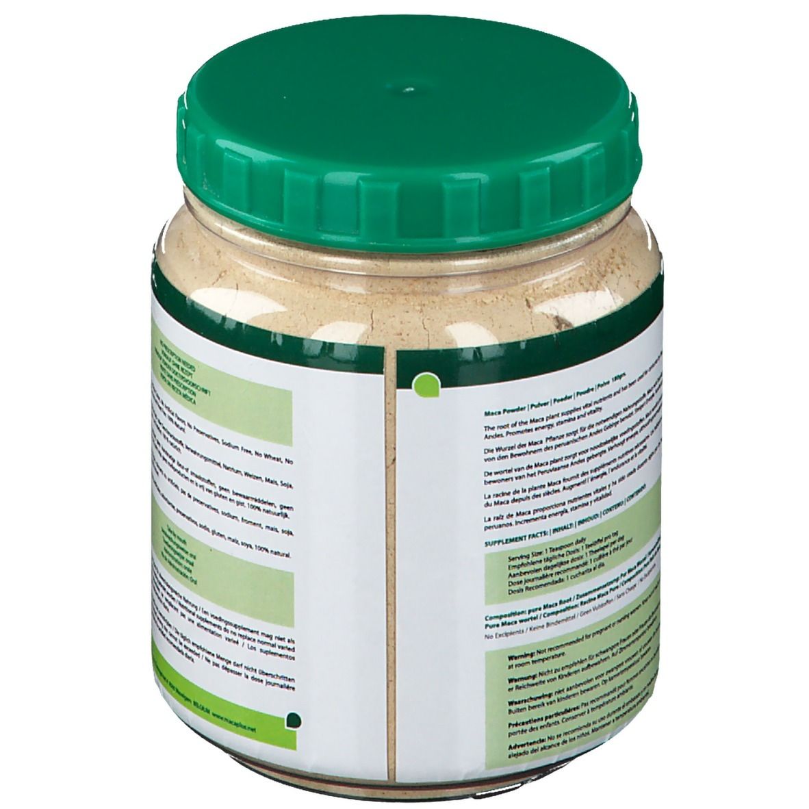 Rückansicht des Joyvit Maca-Pulver-Glases. Grüner Deckel, weißes Etikett mit Text. Nährwertangaben, Zutaten, etc.