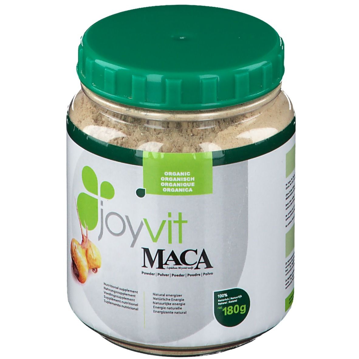 Joyvit Maca-Pulver-Glas. Grüner Deckel, weißes Etikett mit Logo und Produktinformationen. 180g.