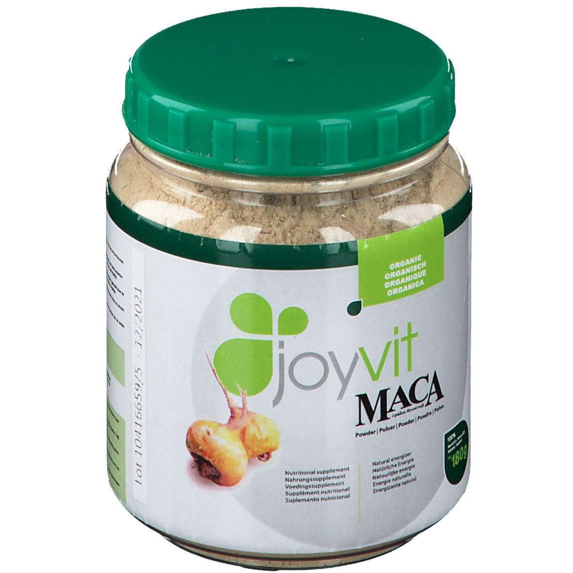 Joyvit Maca-Pulver-Glas. Grüner Deckel, weißes Etikett mit Logo und Produktinformationen. 180g. Losnummer.