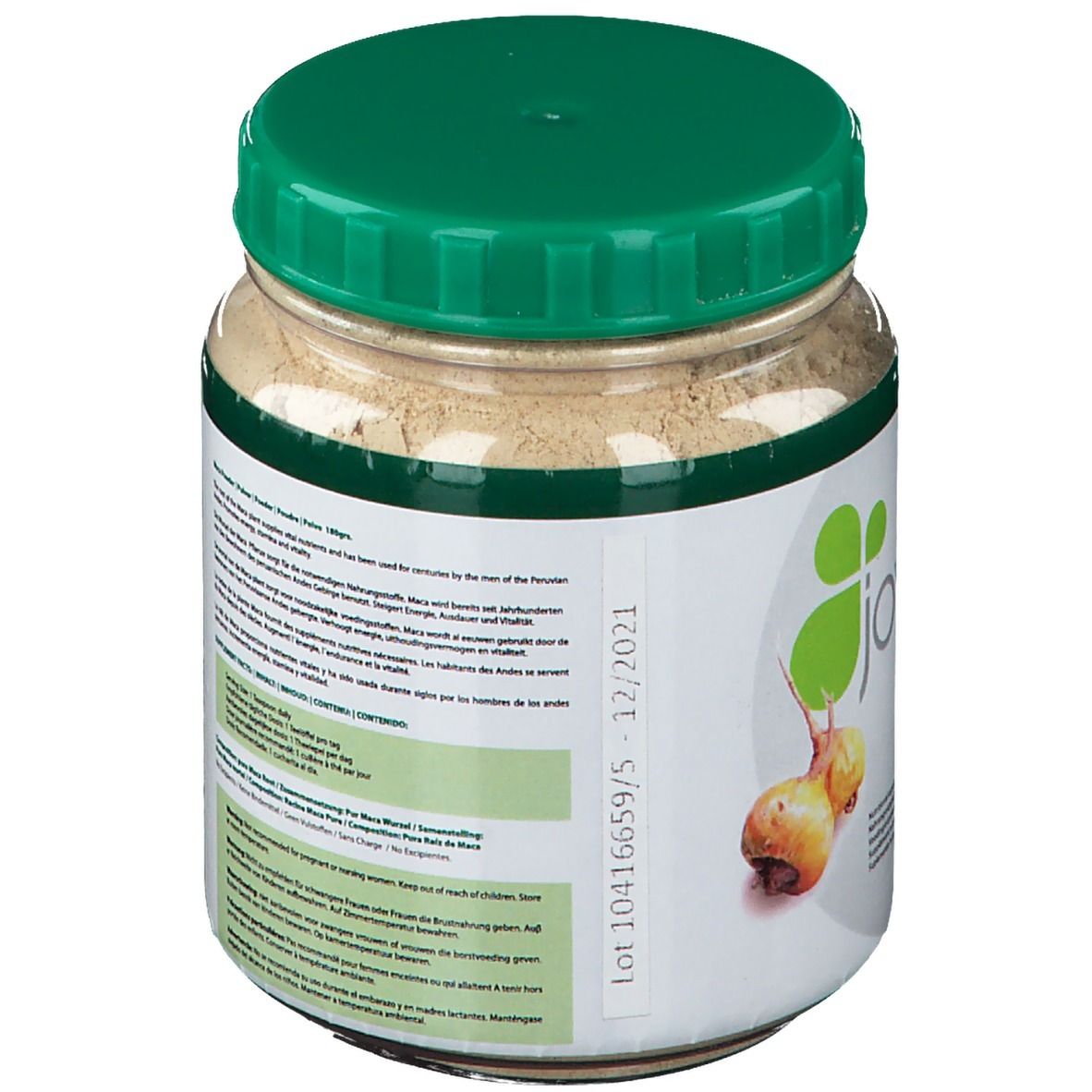 Rückseite des Joyvit Maca-Pulver-Glases. Grüner Deckel, weißes Etikett mit Text. Losnummer.