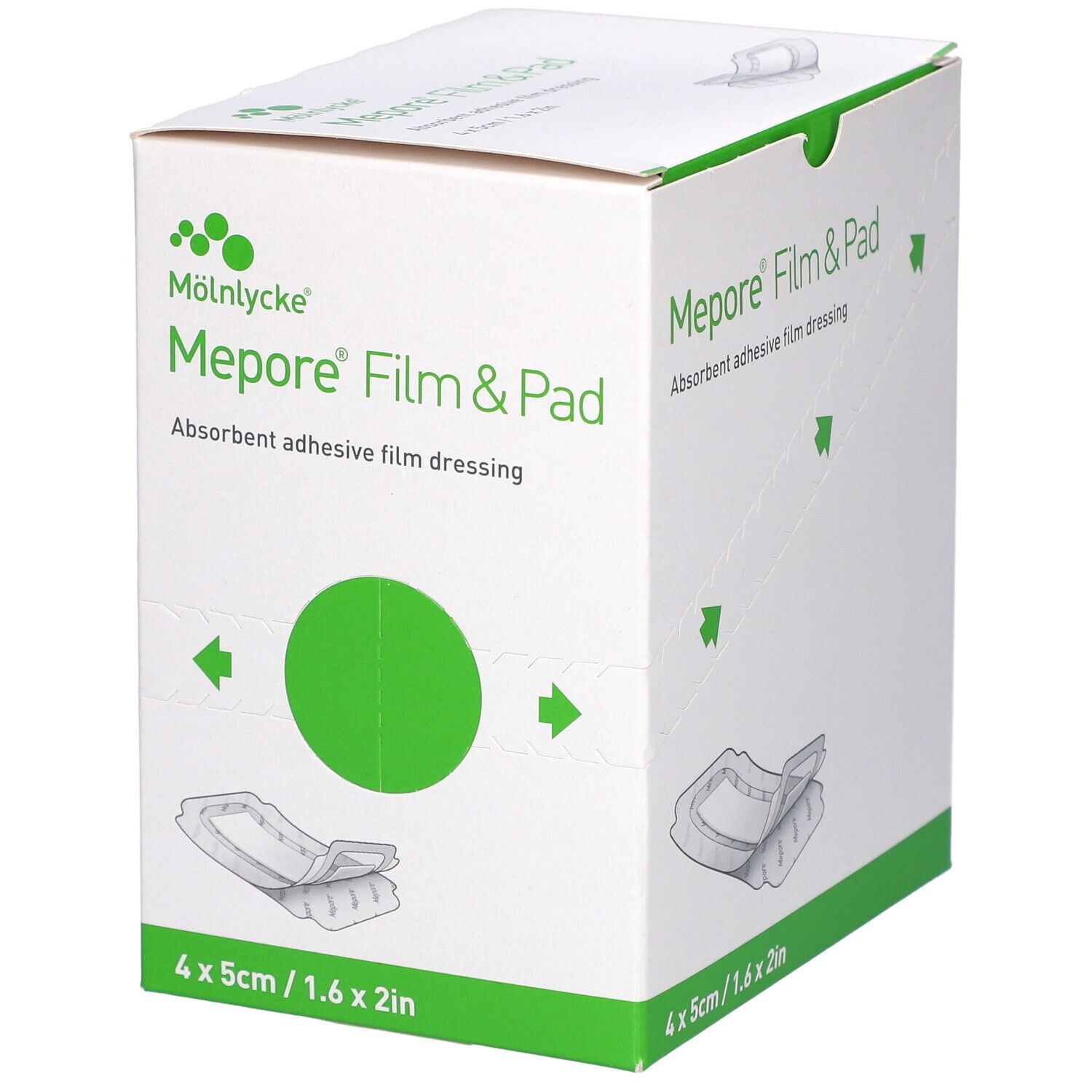 Verpackung von Mepore Film & Pad. Mehrsprachige Produktinformationen auf weißem Karton. Größe: 4 x 5 cm.