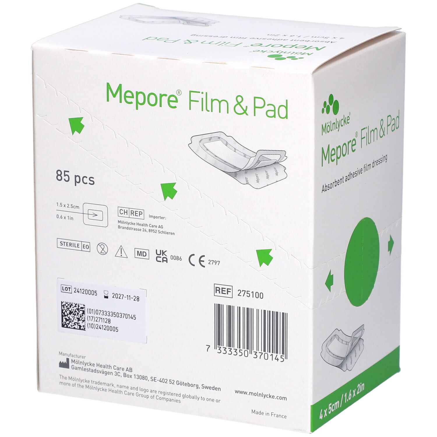 Verpackung von Mepore Film & Pad. Rückseite mit Produktinformationen, Barcode und Chargennummer. 85 Stück.