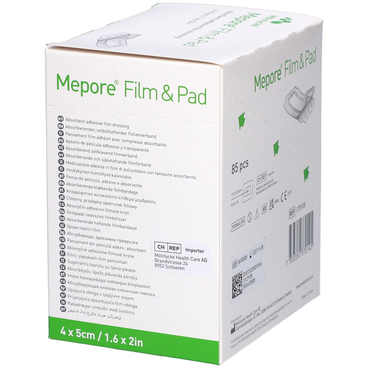 Verpackung von Mepore Film & Pad. Seitenansicht mit Produktinformationen und Barcode. 85 Stück.