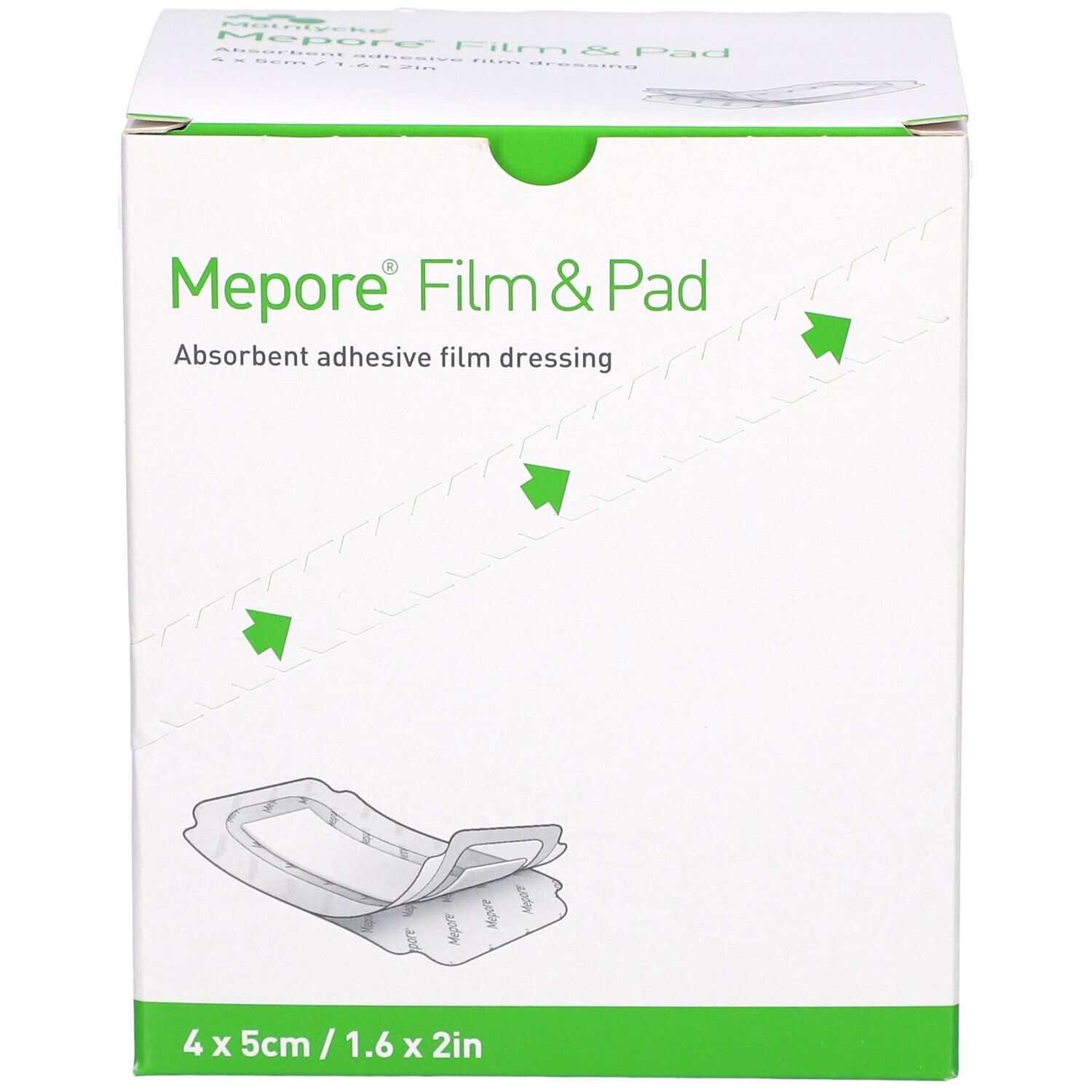 Verpackung von Mepore Film & Pad. Vorderseite mit Produktbezeichnung und grünen Akzenten. Größe: 4 x 5 cm.