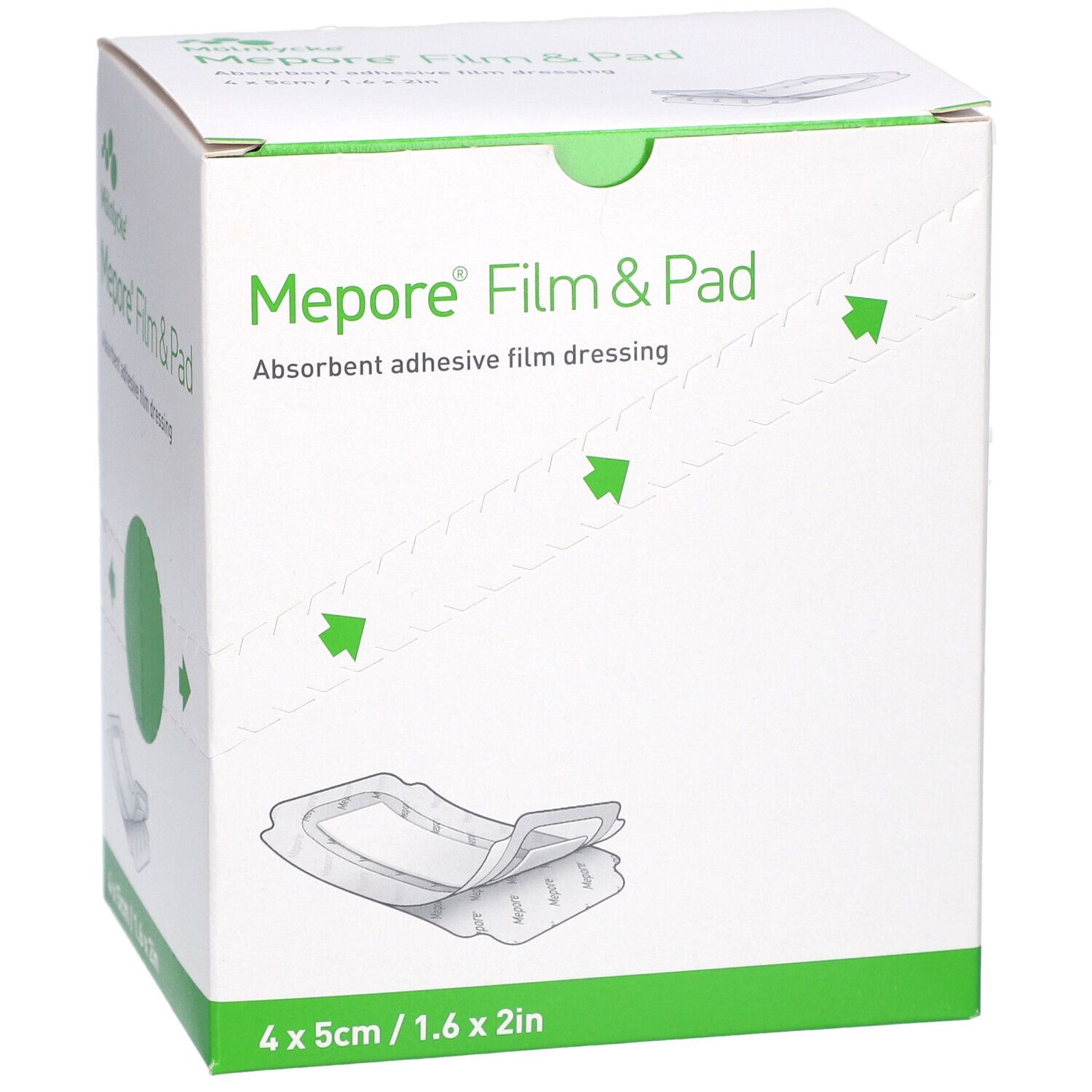 Verpackung von Mepore Film & Pad. Vorderseite mit Produktbezeichnung und grünen Akzenten. Größe: 4 x 5 cm.