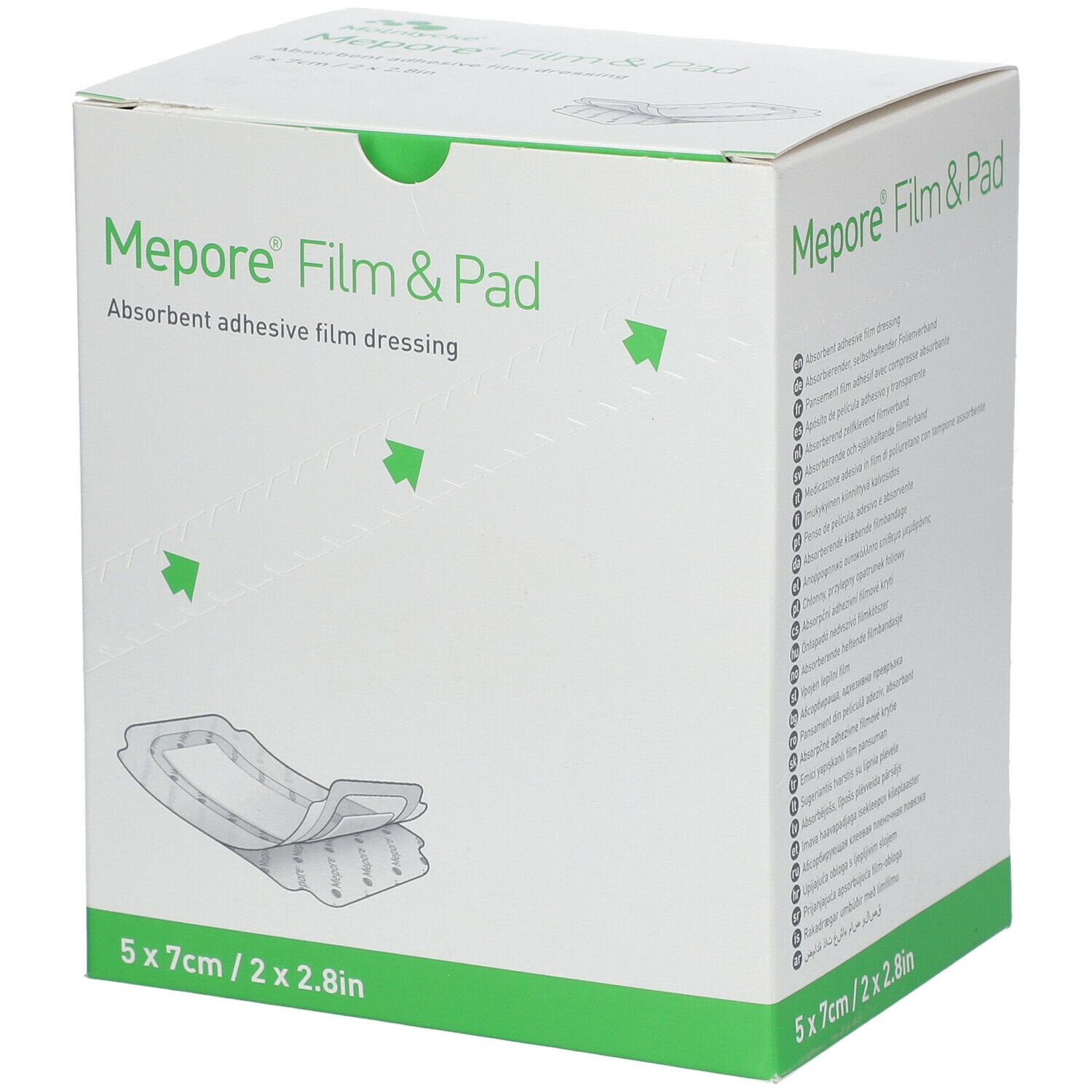 Doos Mepore Film&Pad. Afmetingen: 5 x 7 cm / 2 x 2,8 inch. Productafbeelding.