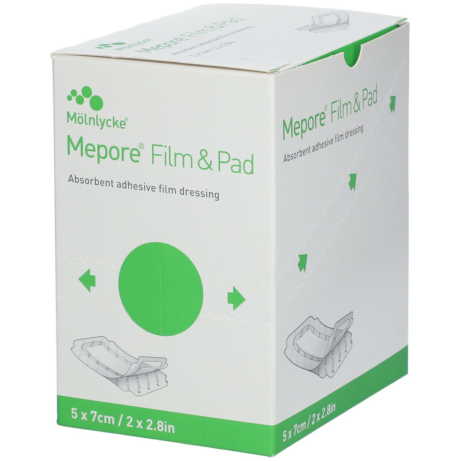 Doos Mepore Film&Pad met Mölnlycke logo. Afmetingen: 5 x 7 cm / 2 x 2,8 inch. Illustratie.
