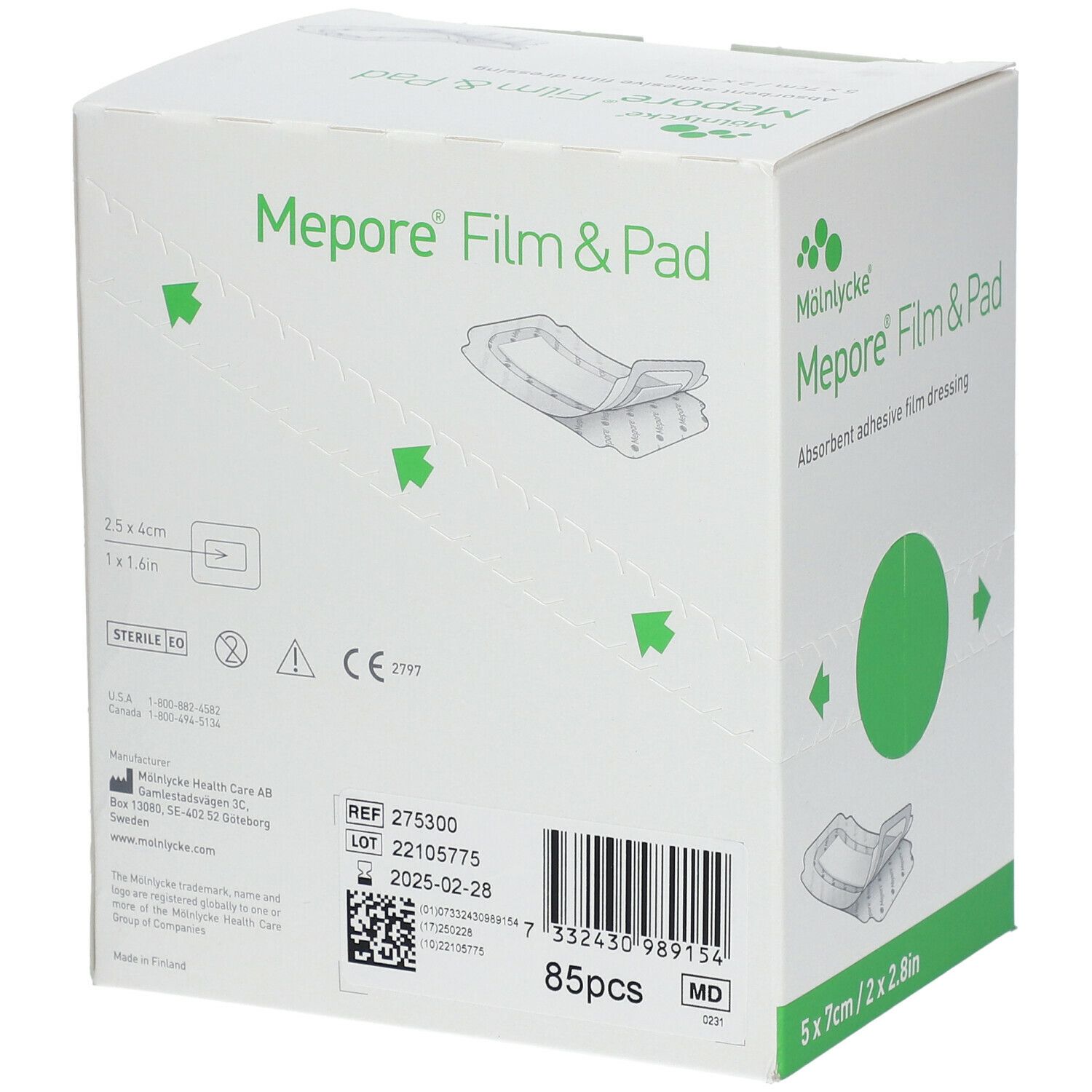 Doos Mepore Film&Pad, 85 stuks. Afmetingen: 5 x 7 cm / 2 x 2,8 inch. Steriel EO. CE-markering.