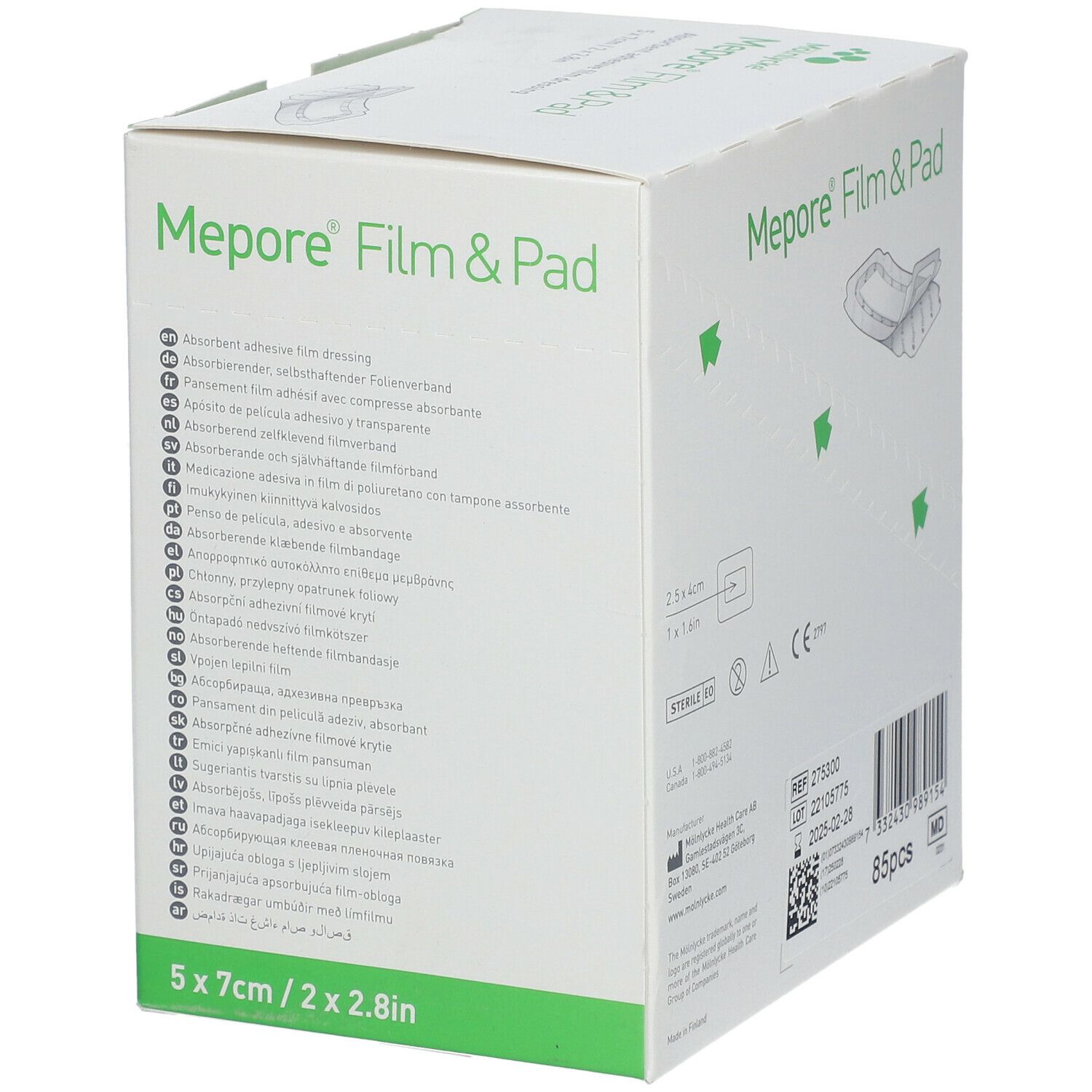 Doos Mepore Film&Pad. Afmetingen: 5 x 7 cm / 2 x 2,8 inch. Steriel EO. CE-markering. 85 stuks.