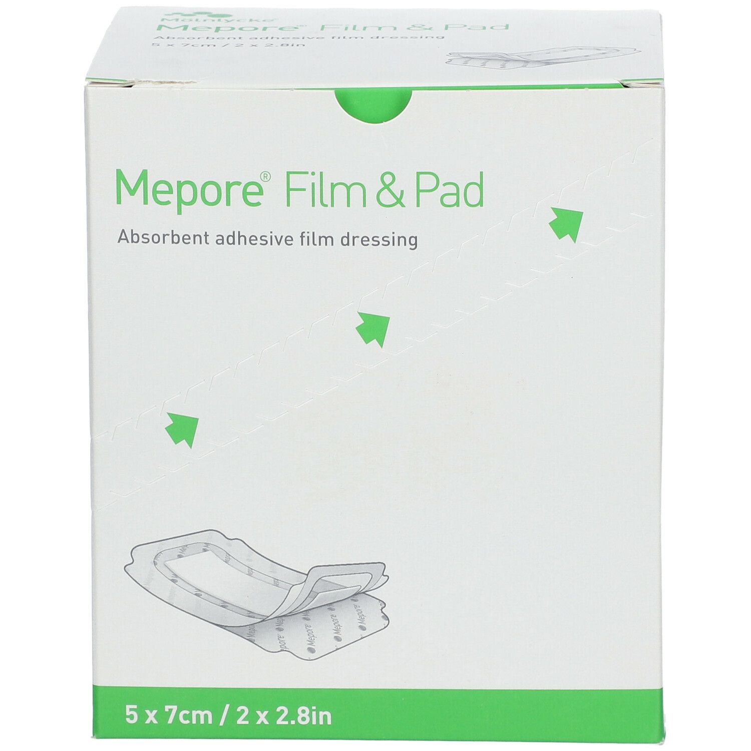 Doos Mepore Film&Pad. Afmetingen: 5 x 7 cm / 2 x 2,8 inch. Productafbeelding.