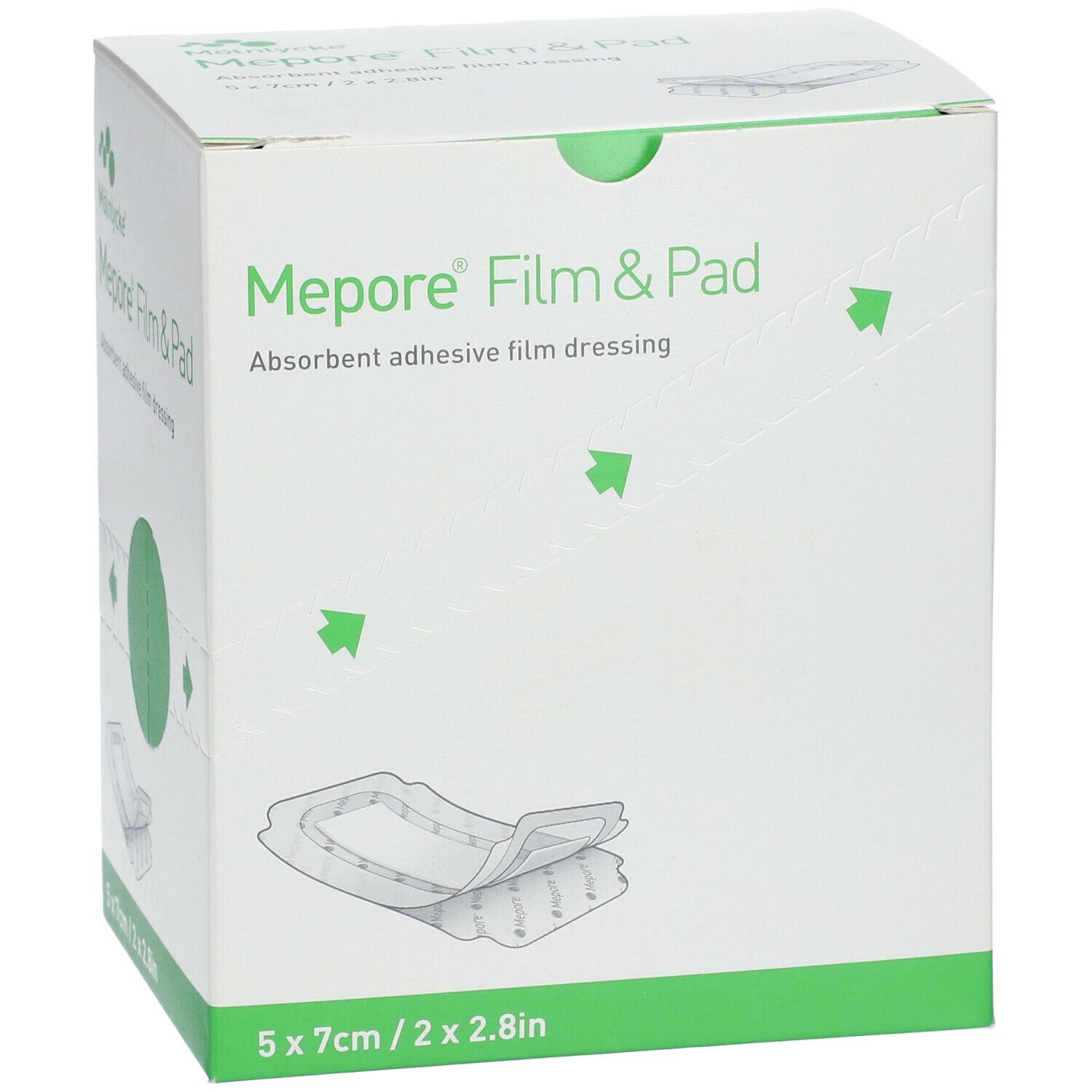 Doos Mepore Film&Pad. Afmetingen: 5 x 7 cm / 2 x 2,8 inch. Productafbeelding.