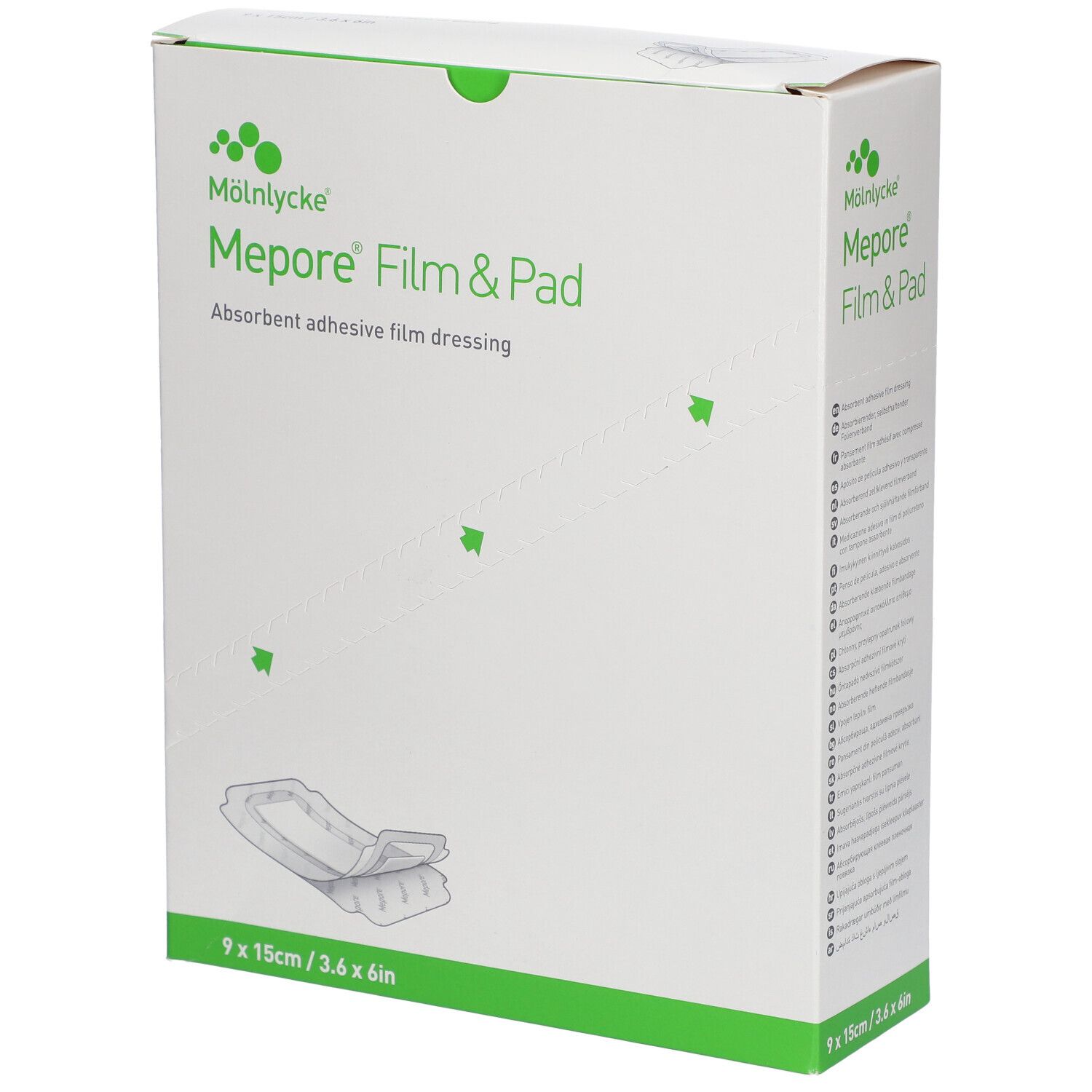 Boîte Mepore Film & Pad. Dimensions 9x15cm. Inscription : Absorbent adhesive film dressing.