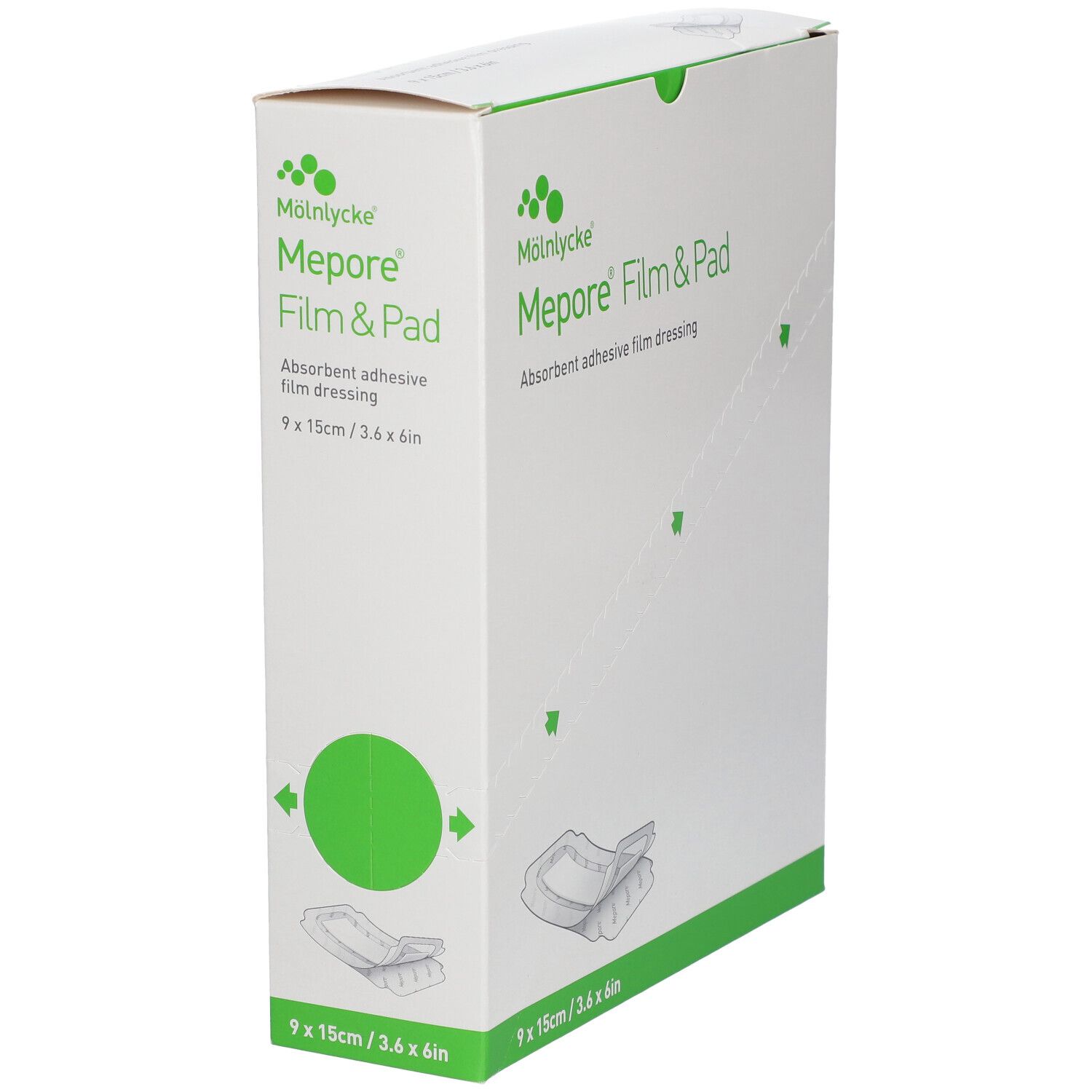 Boîte Mepore Film & Pad. Dimensions 9x15cm. Inscription : Absorbent adhesive film dressing.