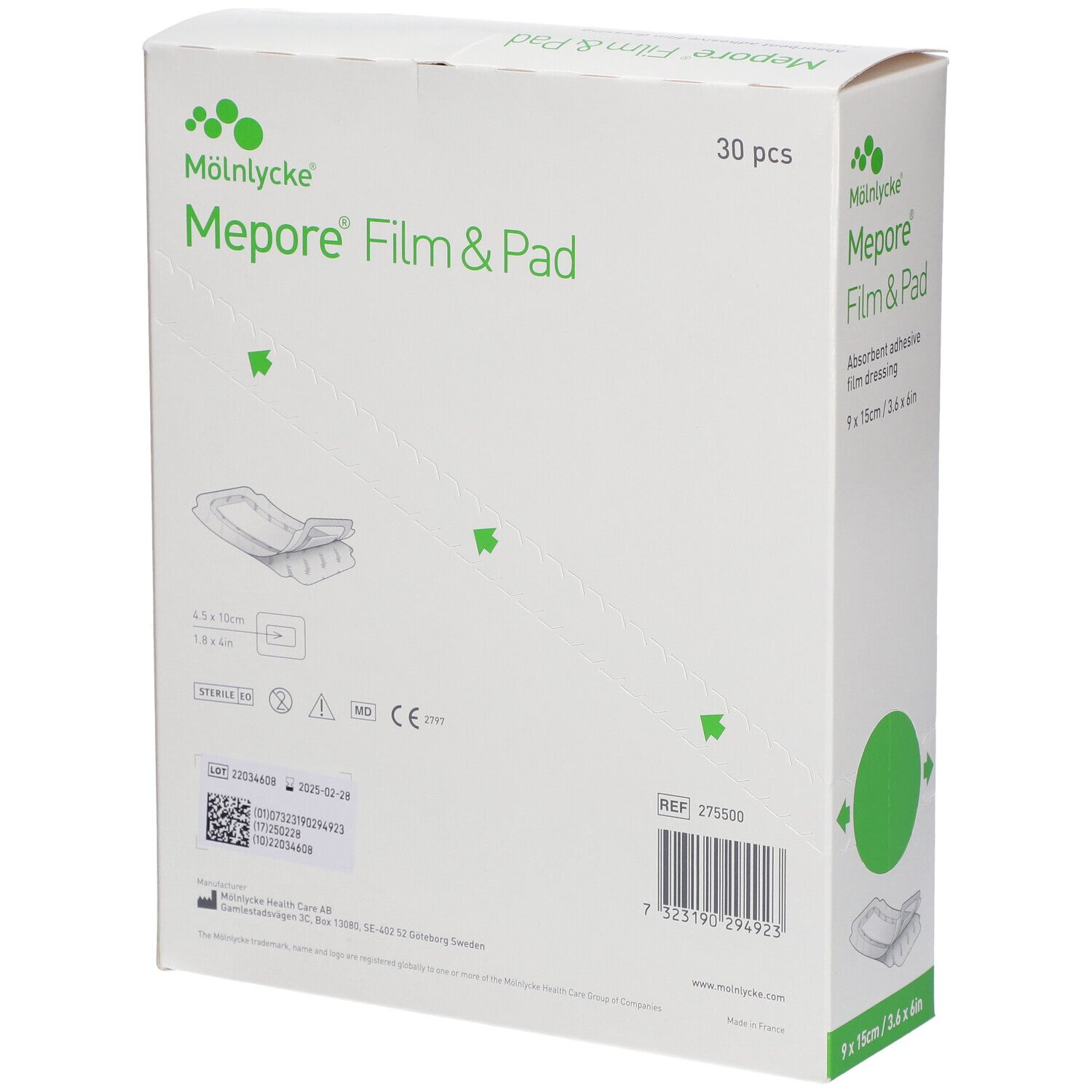 Boîte Mepore Film & Pad. 30 pièces. Dimensions 9x15cm. Inscription : Absorbent adhesive film dressing.