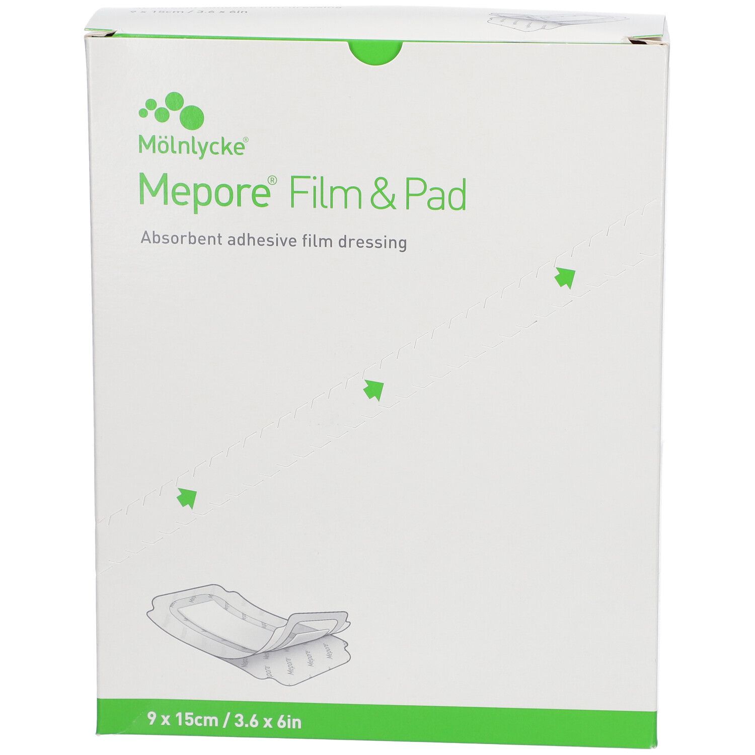 Boîte Mepore Film & Pad. Dimensions 9x15cm. Inscription : Absorbent adhesive film dressing.