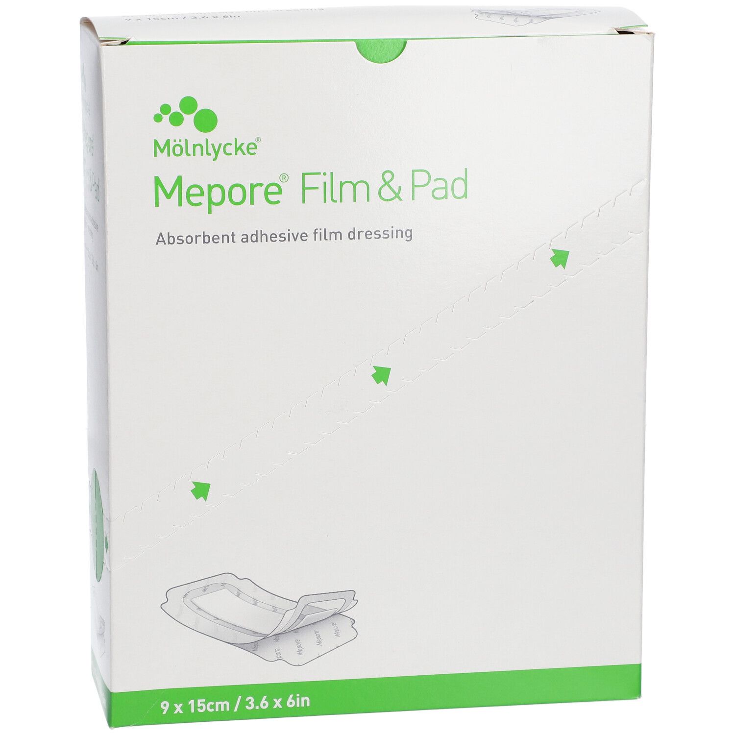 Boîte Mepore Film & Pad. Dimensions 9x15cm. Inscription : Absorbent adhesive film dressing.