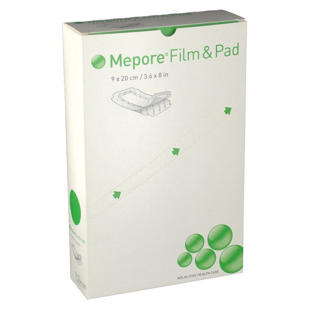 Verpakking van Mepore® Film & Pad. Opschrift: 9 x 20 cm / 3.6 x 8 in. Groen-witte doos met productafbeelding en logo.