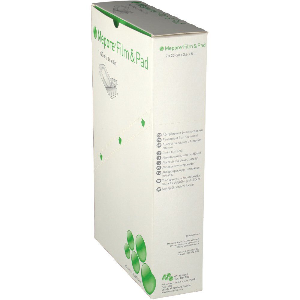 Doos van Mepore® Film & Pad. Zijaanzicht. Opschrift: 9 x 20 cm / 3.6 x 8 in. Groen-witte verpakking met productafbeelding.