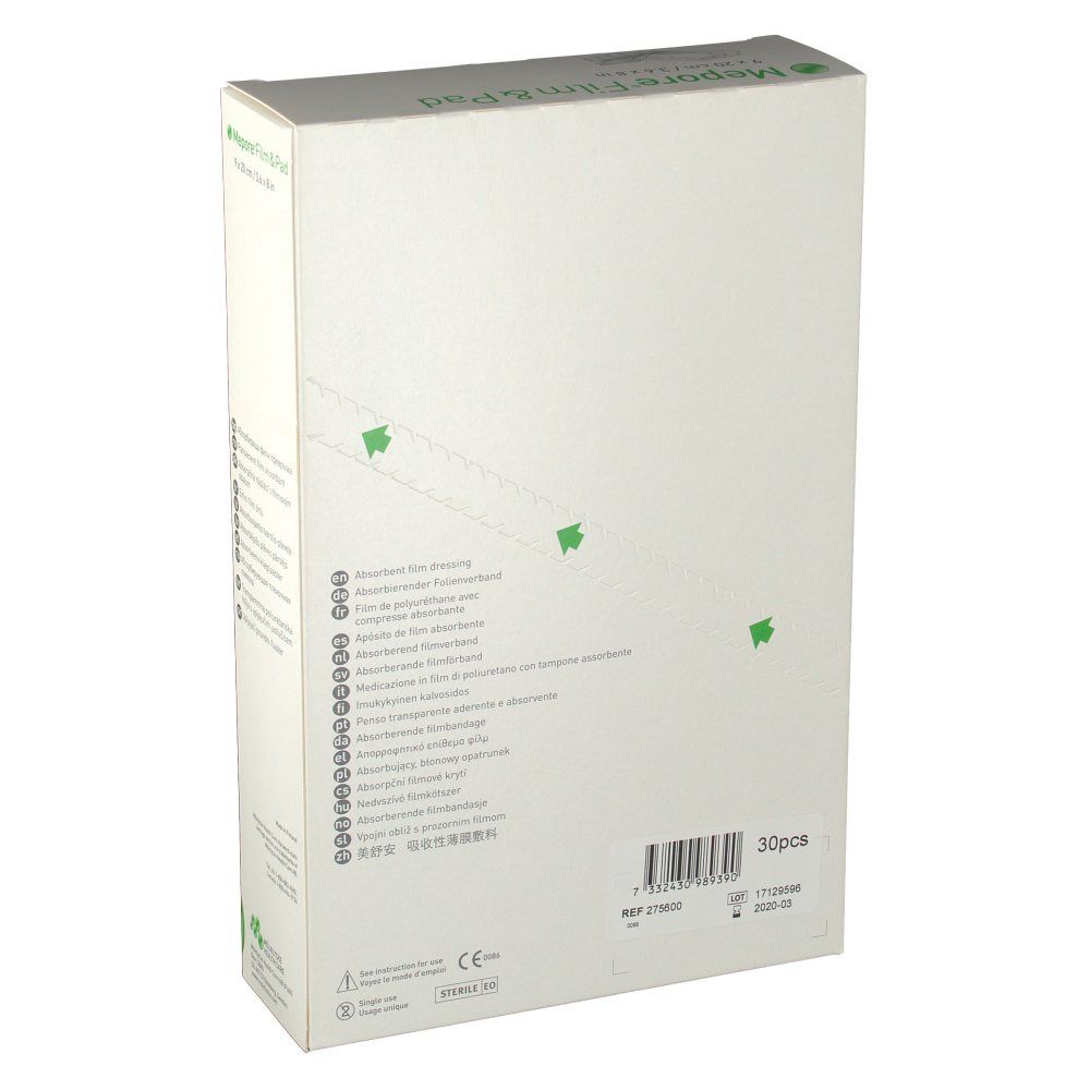 Achterkant van de verpakking van Mepore® Film & Pad. Meertalige tekst. Opschrift: 30 stuks. CE-markering.