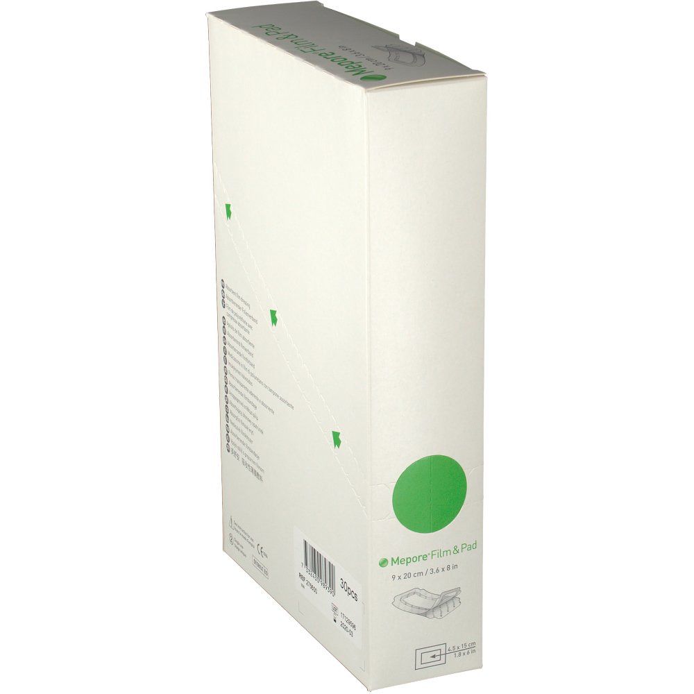Doos van Mepore® Film & Pad. Zijaanzicht. Opschrift: 9 x 20 cm / 3.6 x 8 in. Groen-witte verpakking met productafbeelding.