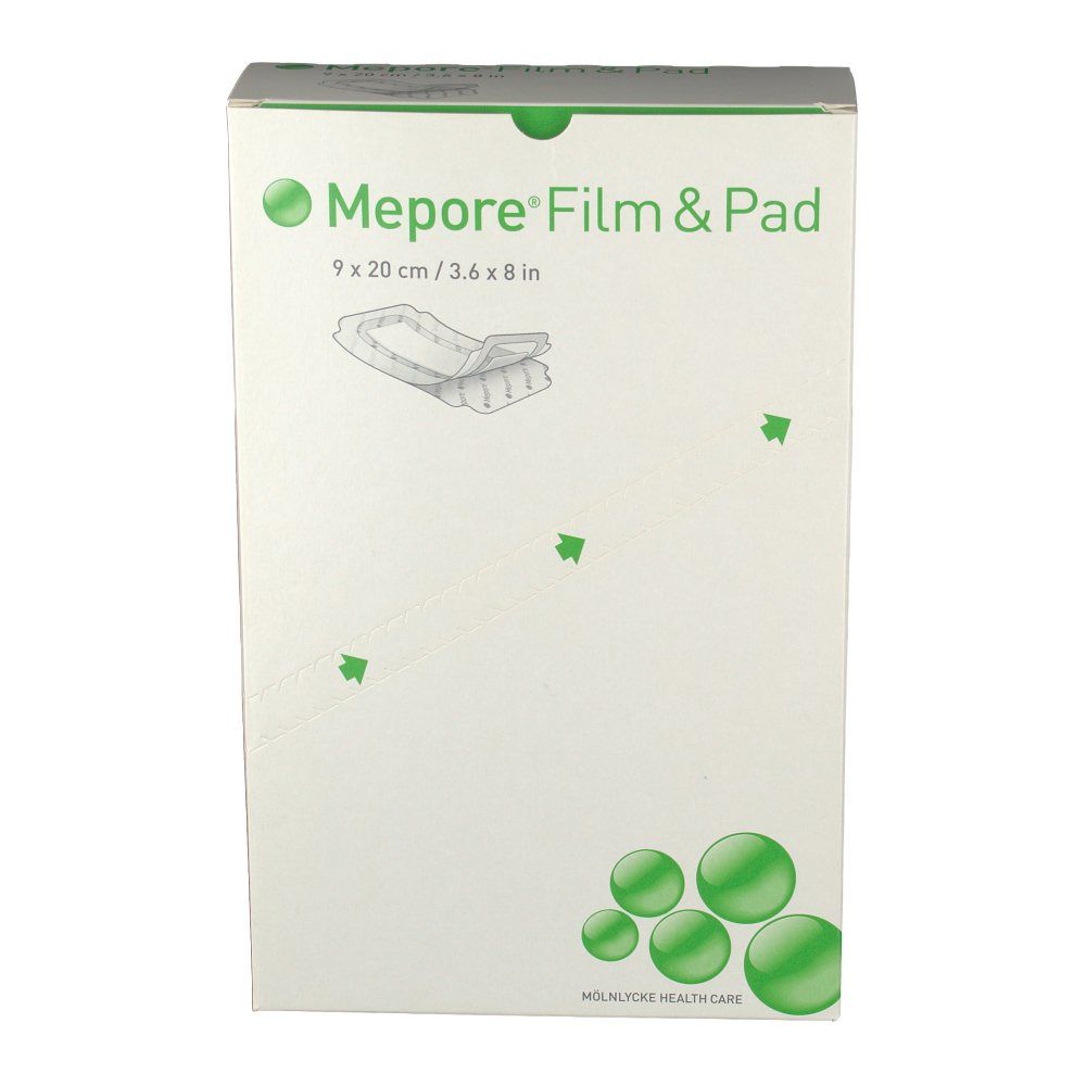 Verpakking van Mepore® Film & Pad. Opschrift: 9 x 20 cm / 3.6 x 8 in. Groen-witte doos met productafbeelding en logo.