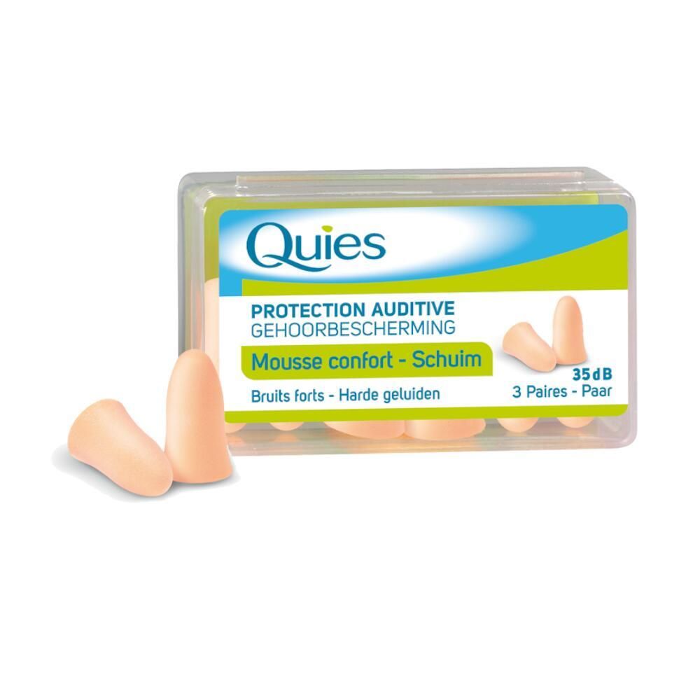 Bouchons d'oreille couleur peau, à côté d'un emballage transparent. L'emballage porte la marque "Quies" et "3 paires 35 dB".