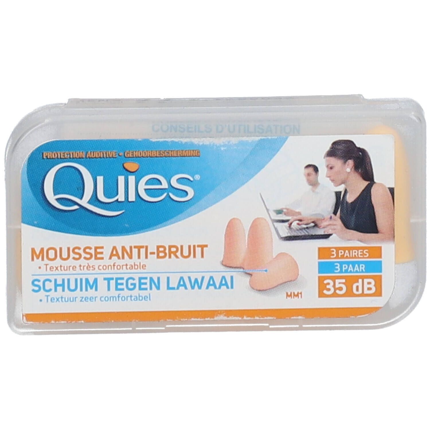 Emballage de bouchons d'oreille. Sur l'emballage : "Quies", "Mousse Anti-bruit", "3 paires 35 dB". En arrière-plan : personnes avec un ordinateur portable.