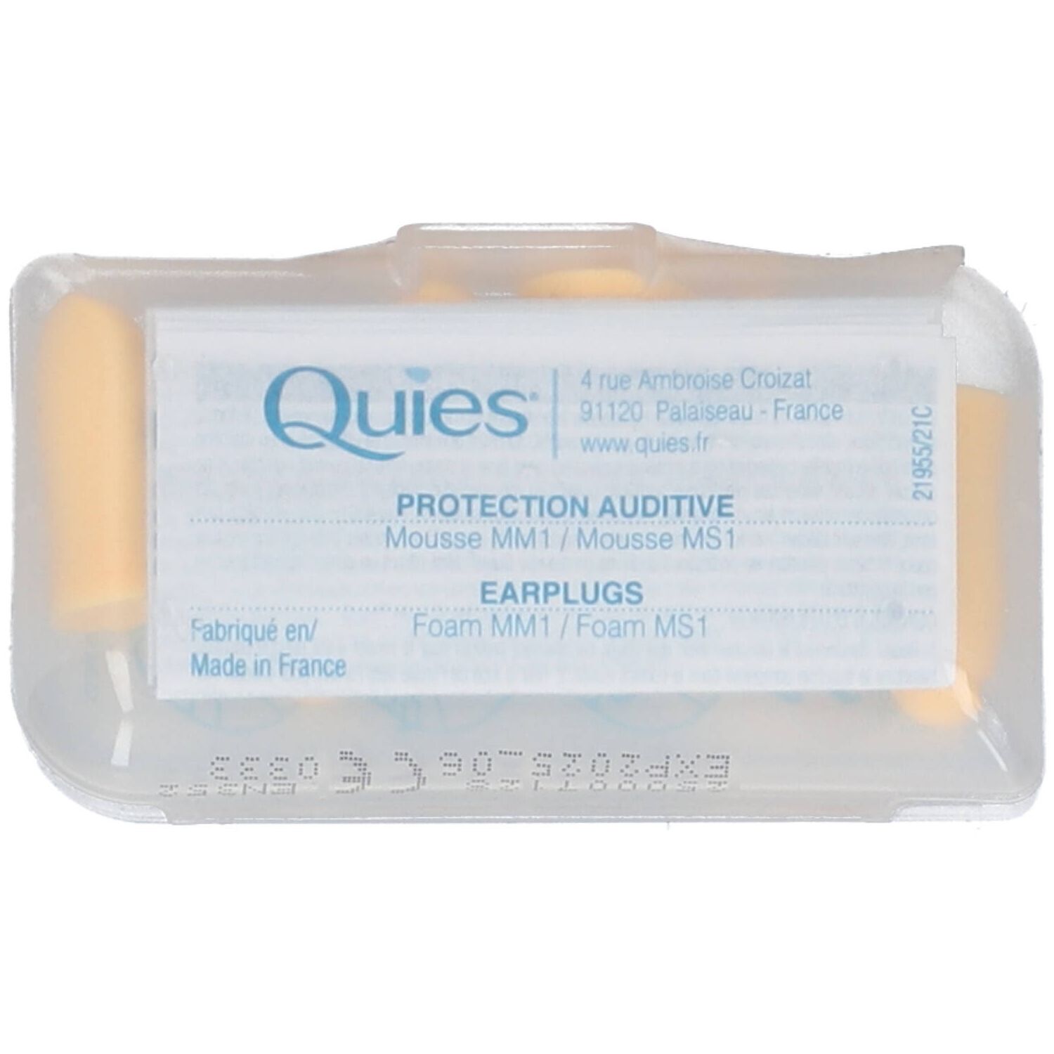 Emballage transparent avec bouchons d'oreille. Sur l'emballage : "Quies", "Protection Auditive", "EARRPLUGS". Fabriqué en France.
