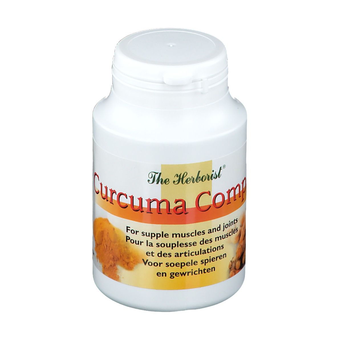 Flacon blanc avec capsules. Inscription: The Herborist Curcuma Complex. Pour la souplesse des muscles et des articulations.
