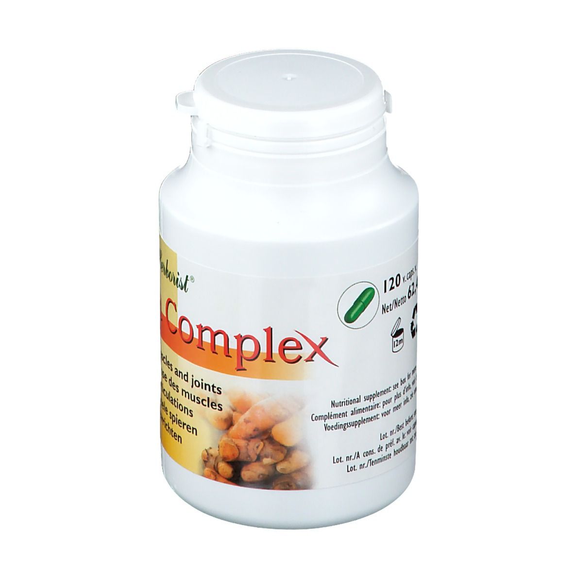 Flacon blanc avec capsules. Inscription: The Herborist Complex. 120 capsules. Complément alimentaire.