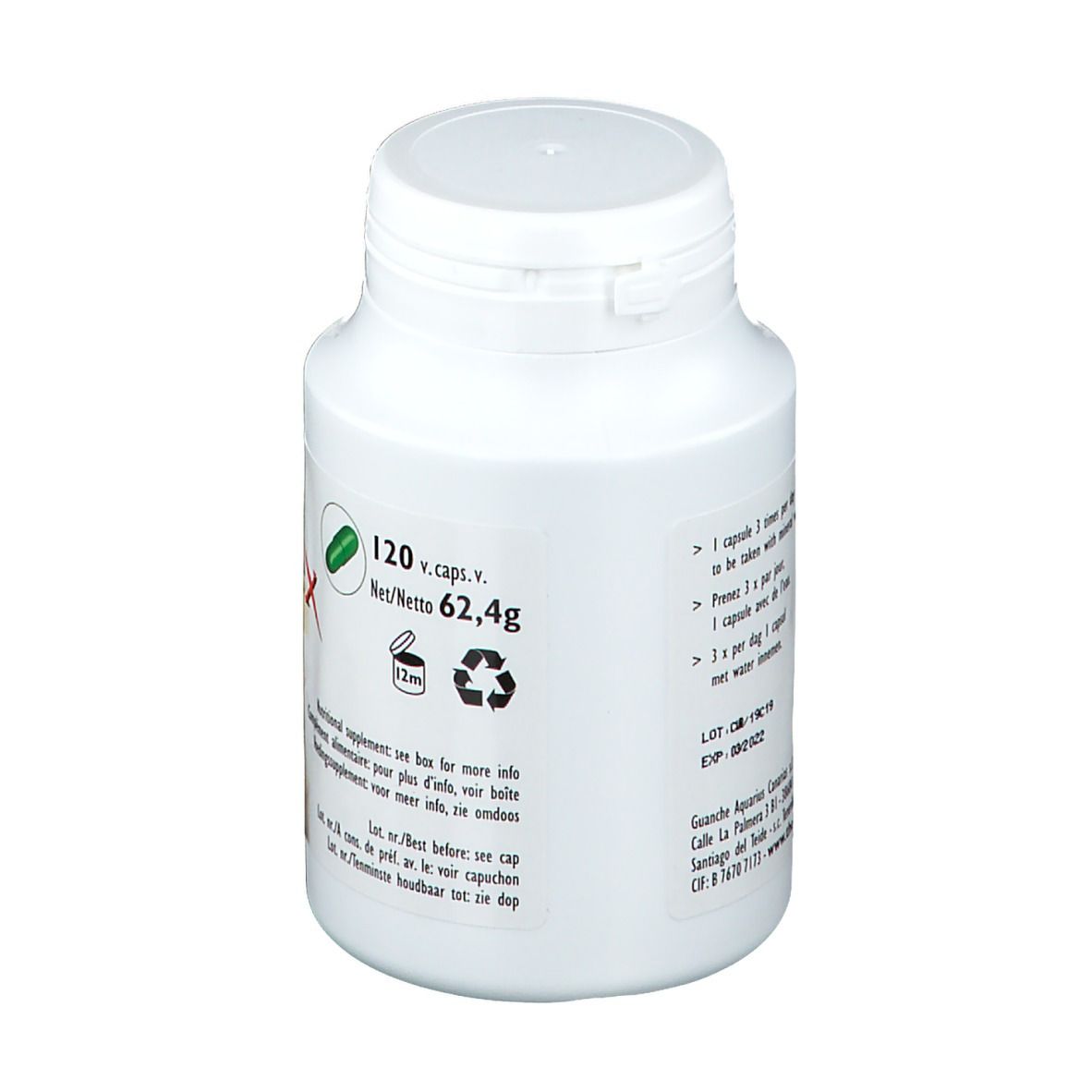 Dos d'un flacon blanc avec capsules. Inscription: 120 capsules. Netto 62,4g. Mode d'emploi.