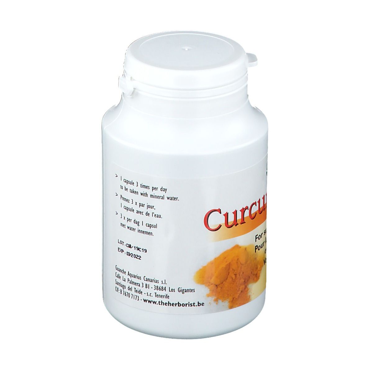 Dos d'un flacon blanc avec capsules. Inscription: Curcuma Complex. Mode d'emploi et informations fabricant.