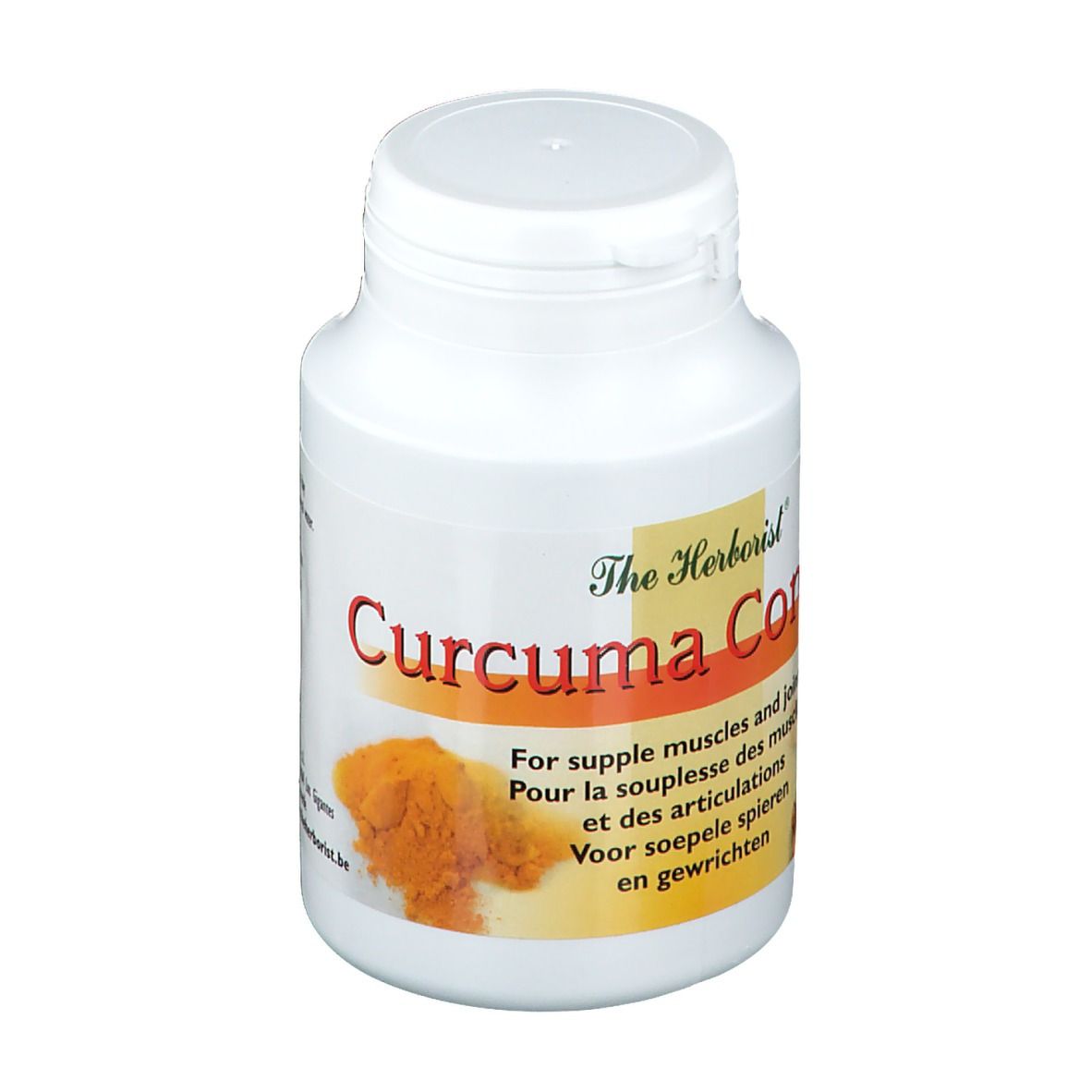 Flacon blanc avec capsules. Inscription: The Herborist Curcuma Complex. Pour la souplesse des muscles et des articulations.