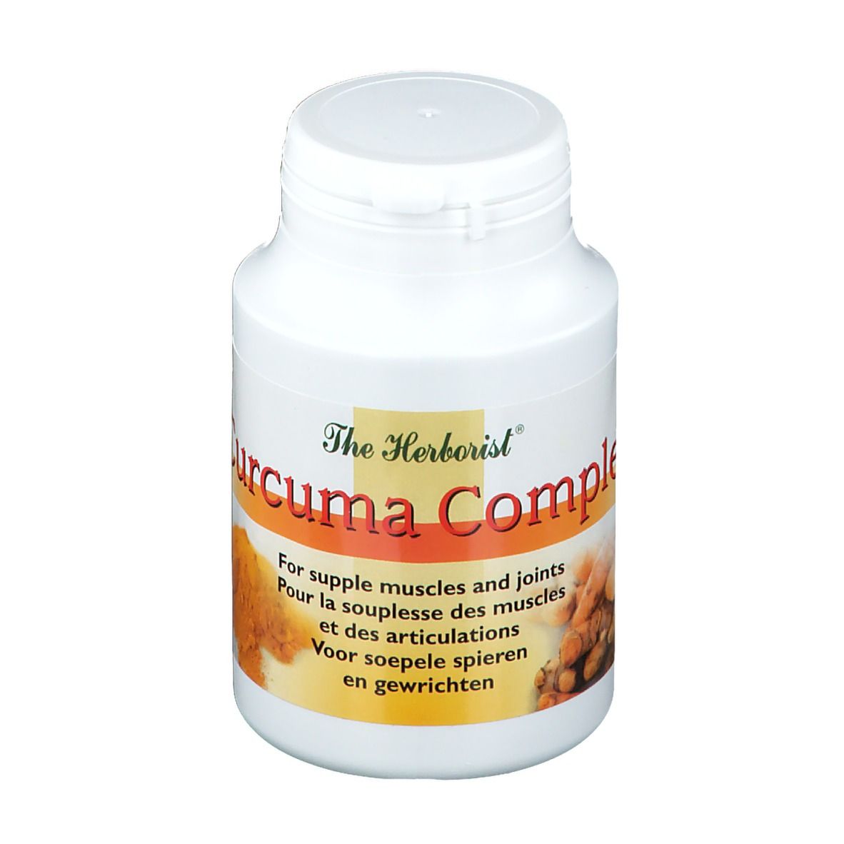 Flacon blanc avec capsules. Inscription: The Herborist Curcuma Complex. Pour la souplesse des muscles et des articulations.
