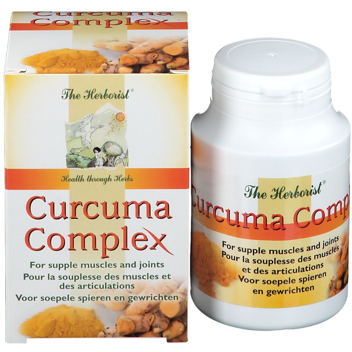 Emballage du produit avec flacon. Inscription: The Herborist Curcuma Complex. Pour la souplesse des muscles et des articulations.