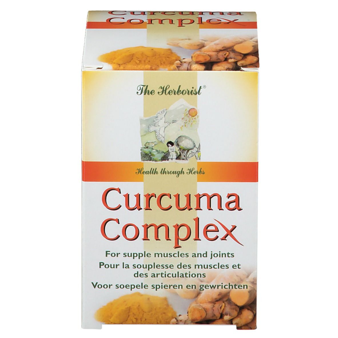 Emballage du produit. Inscription: The Herborist Curcuma Complex. Pour la souplesse des muscles et des articulations.