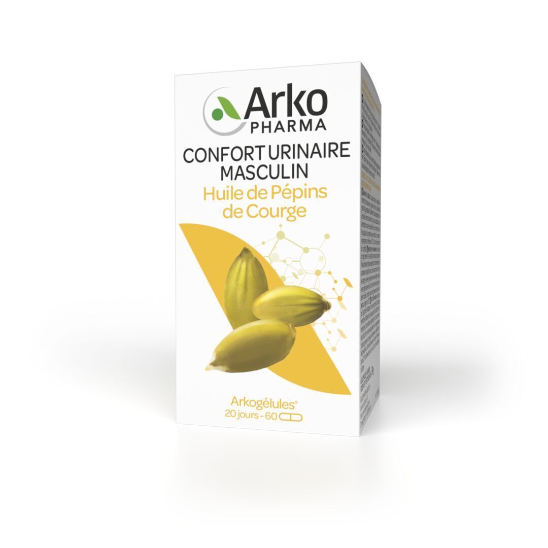 Emballage du produit. Inscription: Arkopharma, Confort urinaire masculin, Huile de pépins de courge, 20 jours - 60 capsules.