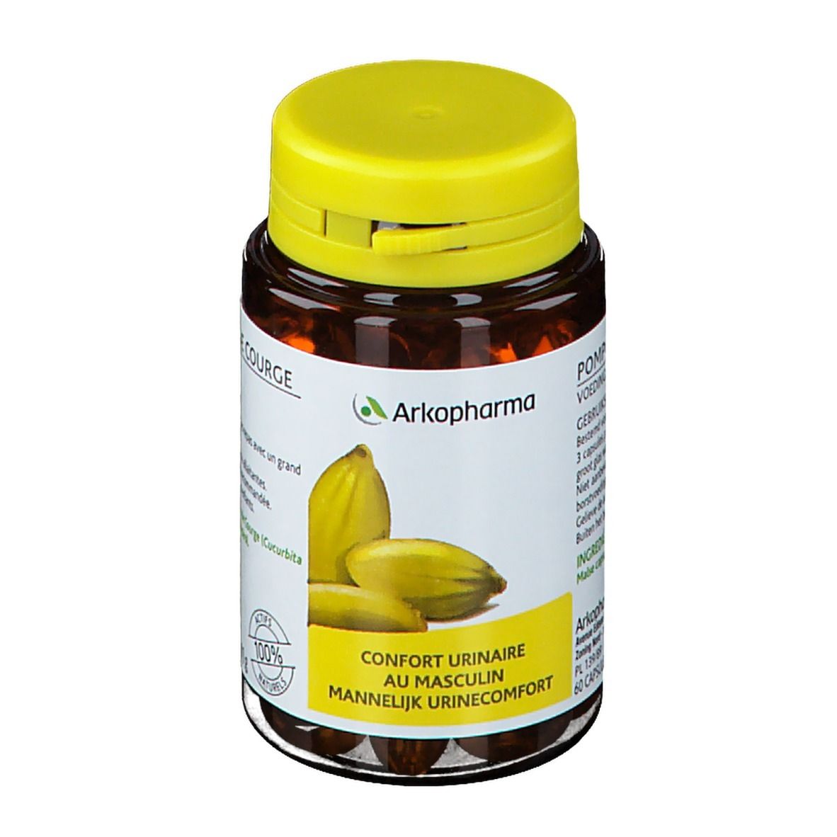 Flacon de gélules marron avec bouchon jaune. Inscription: Arkopharma, Confort urinaire au masculin, 100% naturels.