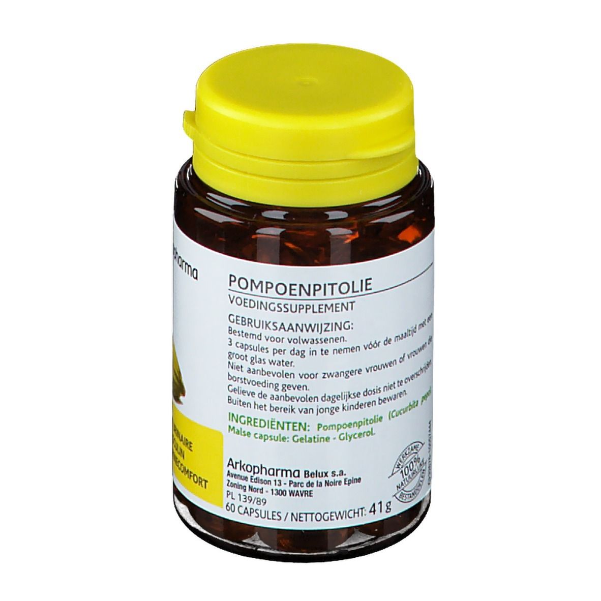 Dos du flacon de gélules. Inscription: Pompoenpitolie, Voedingssupplement, Gebruiksaanwijzing, 60 capsules, 41g.