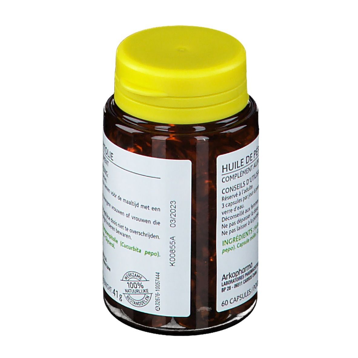 Dos du flacon de gélules. Inscription: Huile de pepins de courge, 60 capsules, 41g, 03/2023.