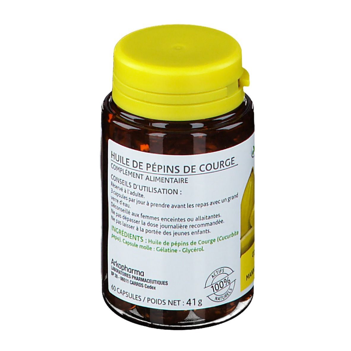 Dos du flacon de gélules. Inscription: Huile de pepins de courge, 60 capsules, 41g.