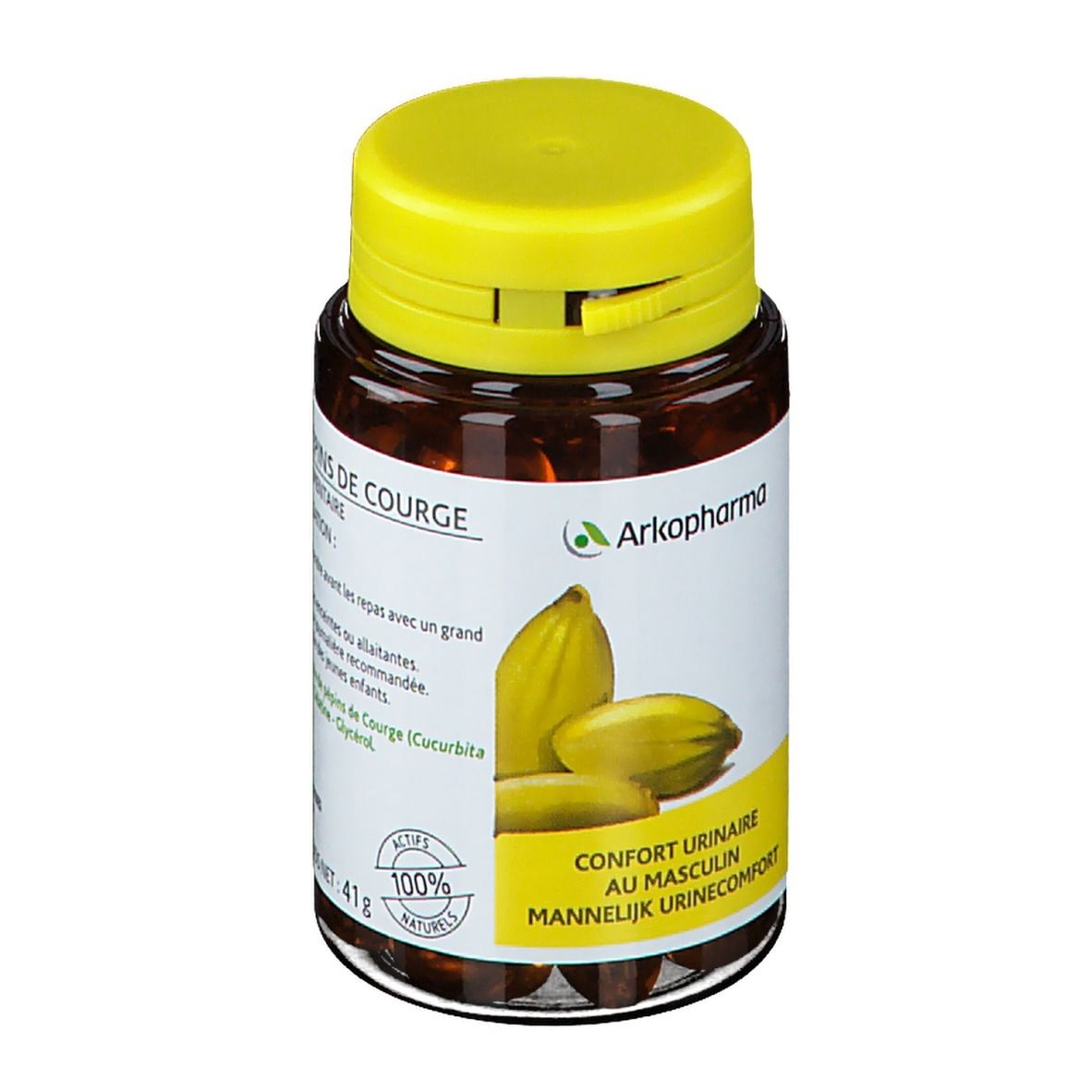 Flacon de gélules marron avec bouchon jaune. Inscription: Arkopharma, Confort urinaire au masculin, 100% naturels.