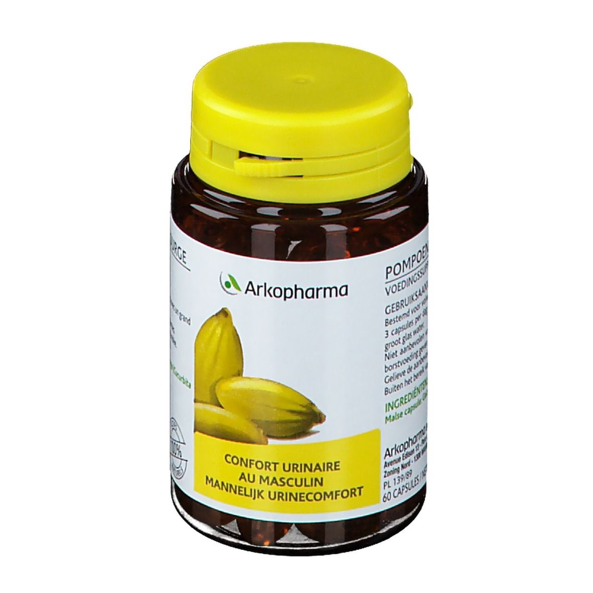 Flacon de gélules marron avec bouchon jaune. Inscription: Arkopharma, Confort urinaire au masculin, 100% naturels.