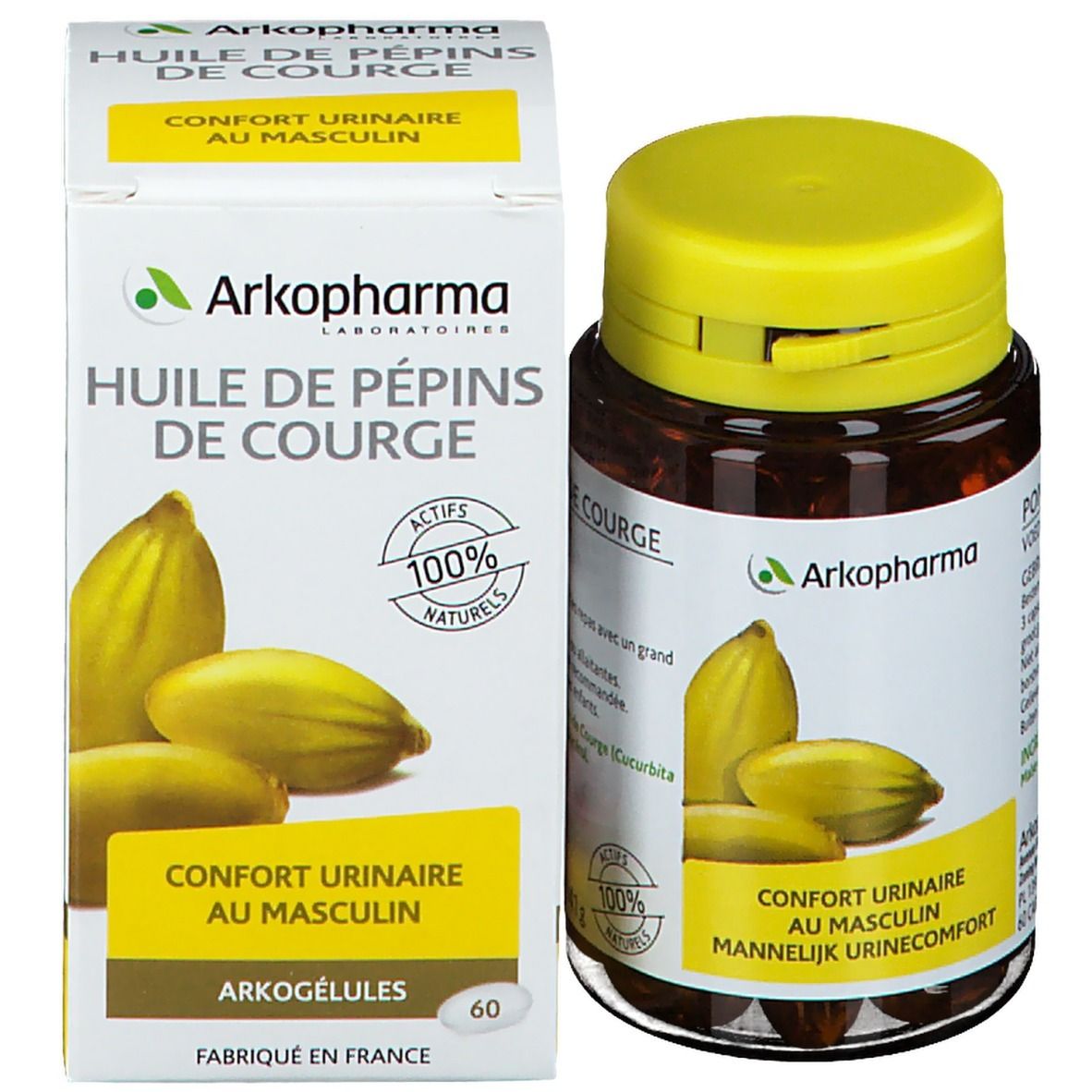Emballage du produit avec flacon et boîte. Inscription: Arkopharma, Huile de pepins de courge, 60 gélules.
